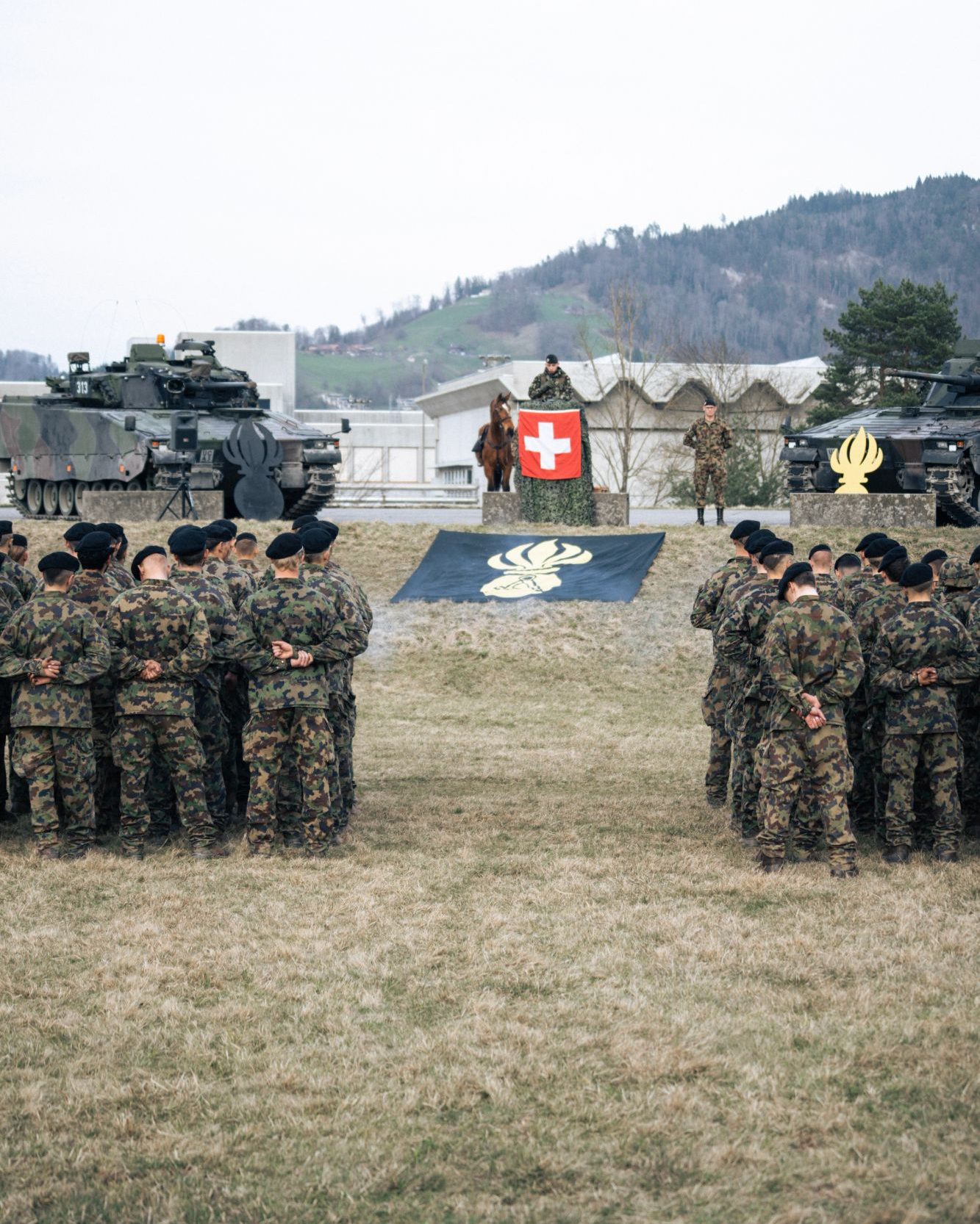 Kompanie der Panzergrenadiere in Formation vor der Schweizer Fahne